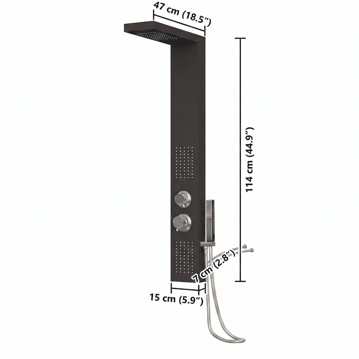 Panneau de douche hydromassant noir — schéma des dimensions