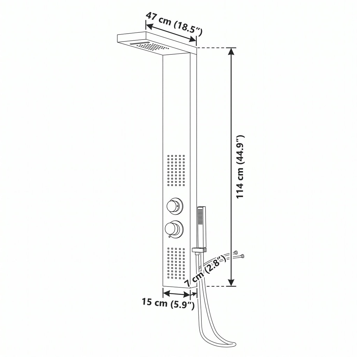 Panneau de douche hydromassant blanc — schéma des dimensions