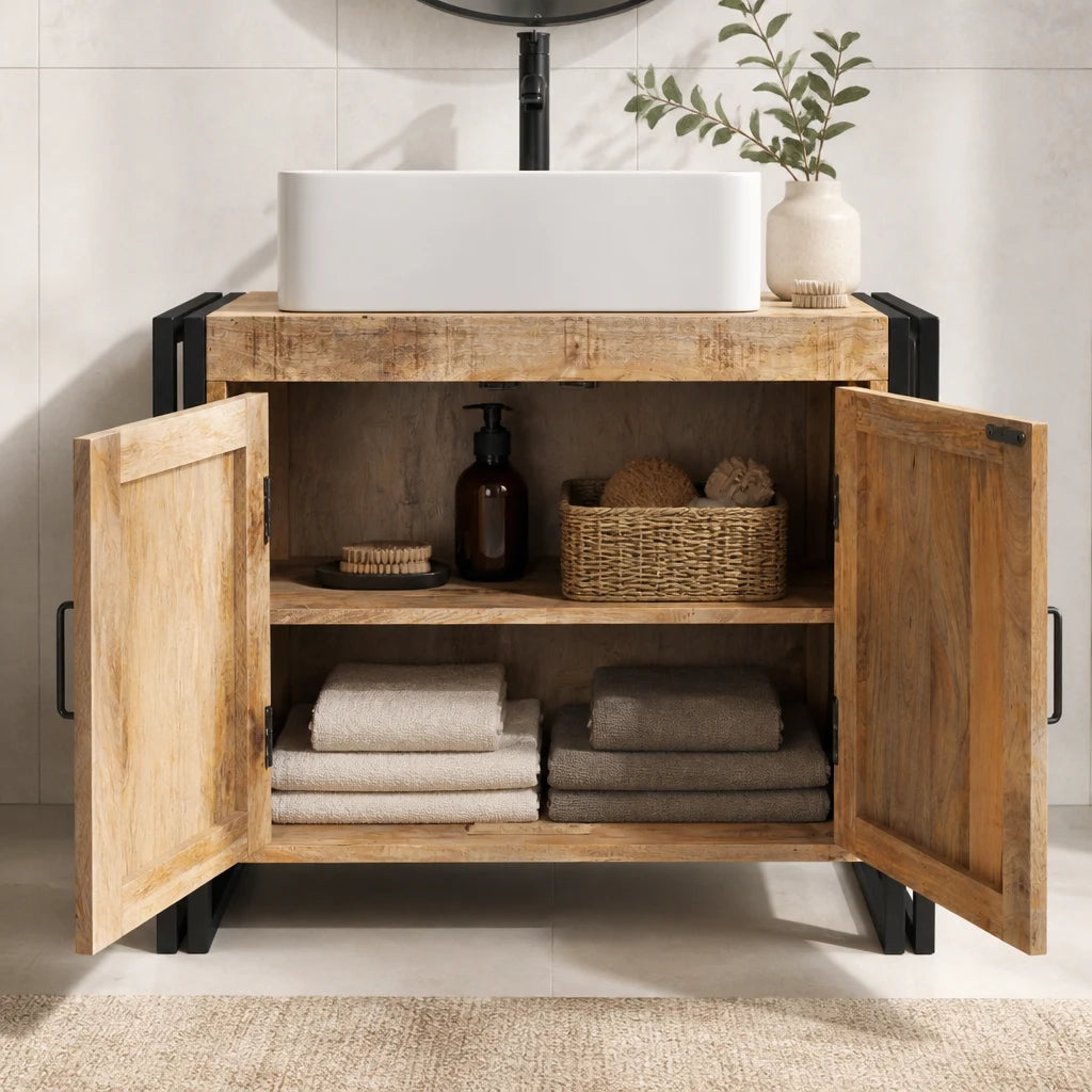 Meuble sous-vasque 71 cm — bois massif — vue d'ensemble