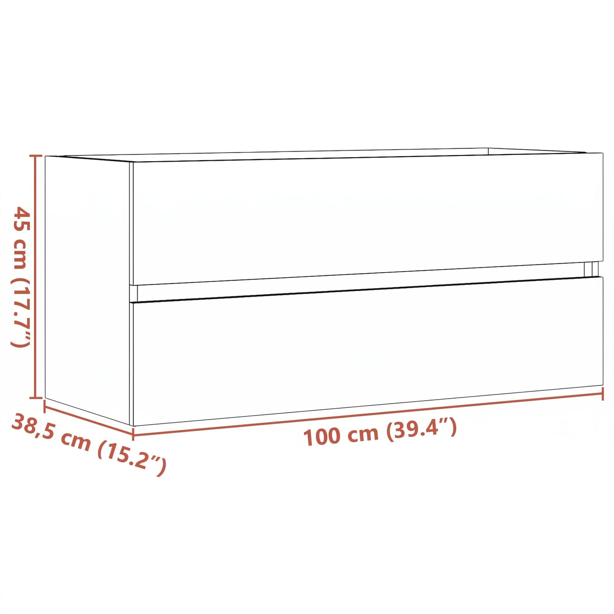 Meuble sous-vasque sans poignée 100 cm — schéma des dimensions