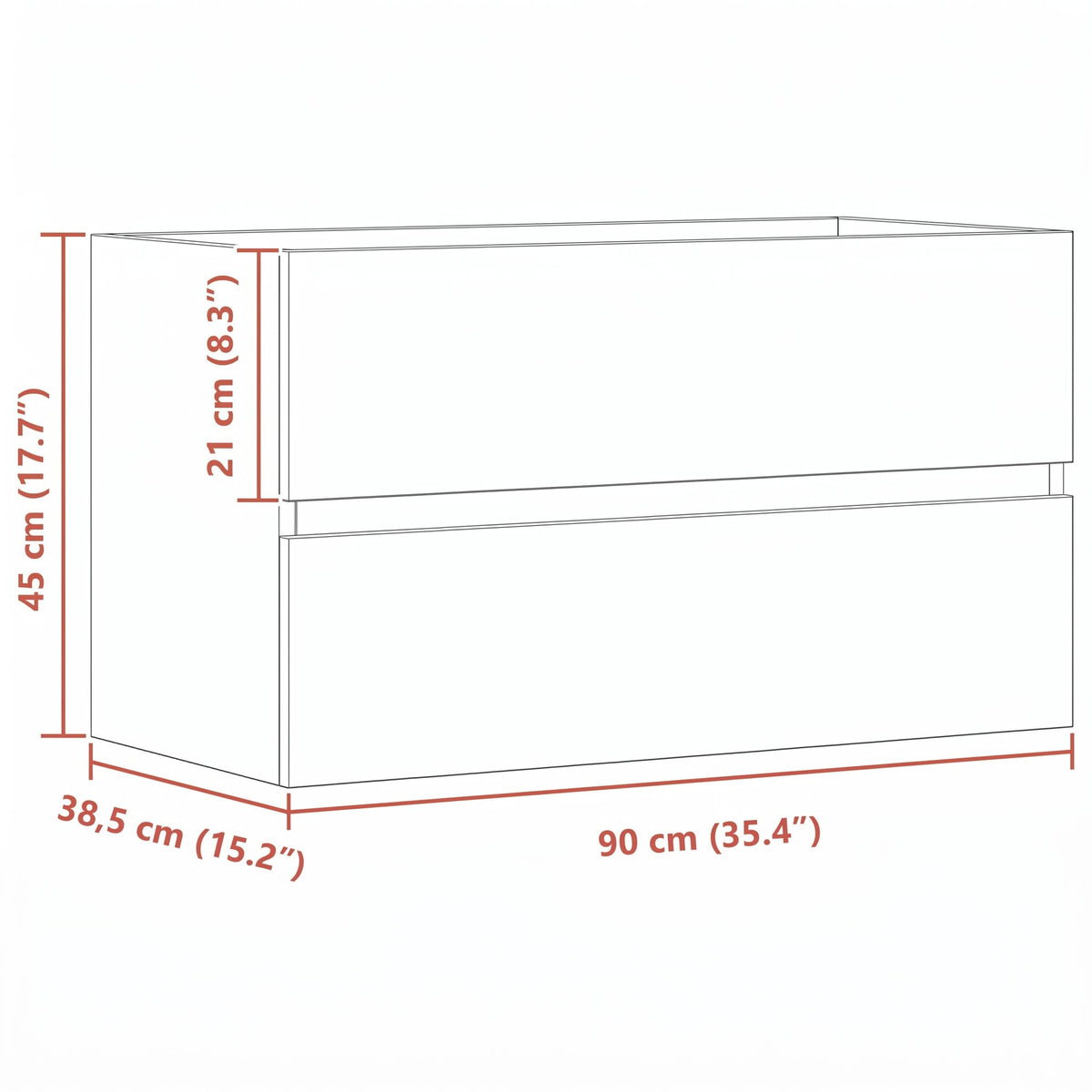 Meuble sous-vasque sans poignée 90 cm — schéma des dimensions
