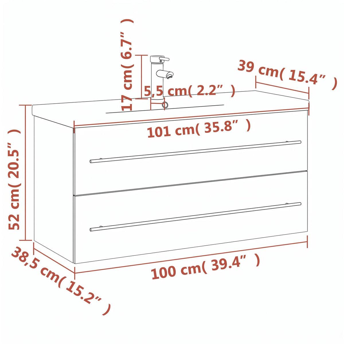 Meuble vasque 1 tiroir à poignée 100 cm — schéma des dimensions