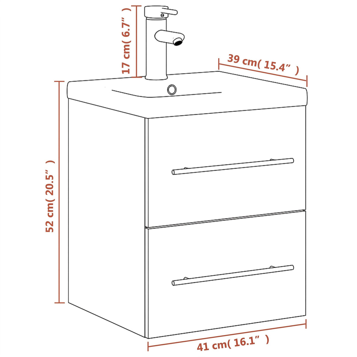Meuble vasque 1 tiroir à poignée 41 cm — schéma des dimensions
