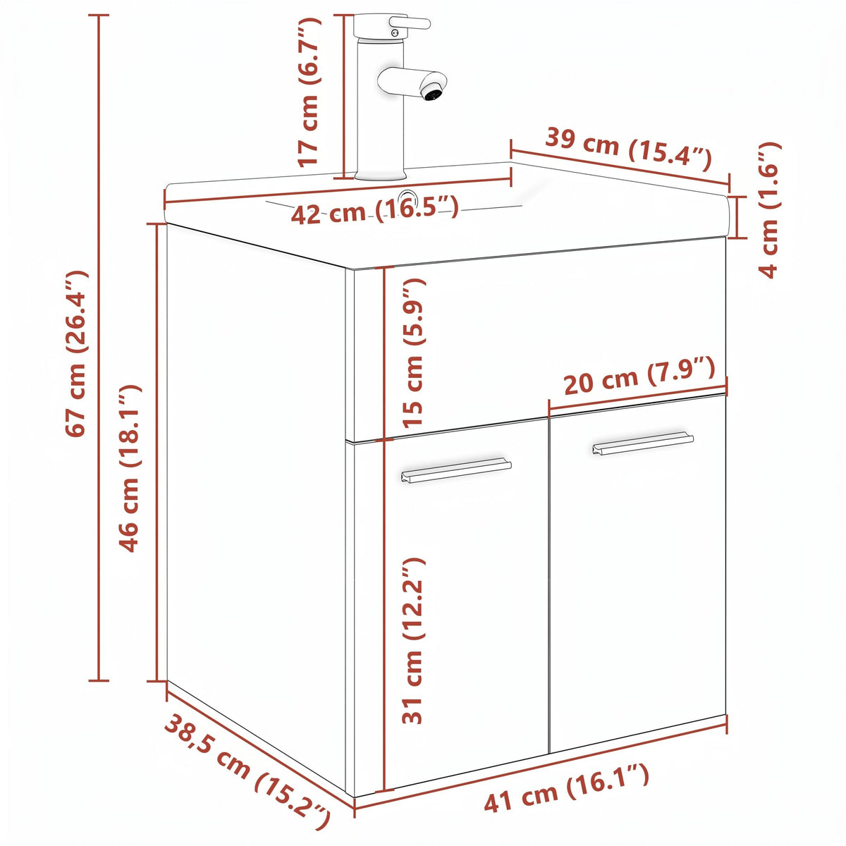 Meuble vasque 41 cm — robinet en option — schéma des dimensions