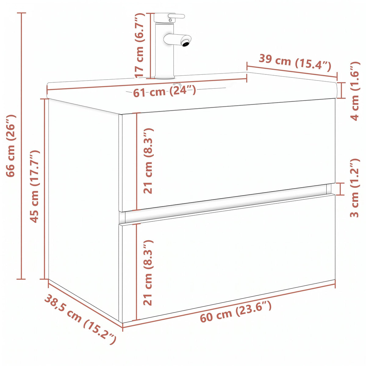 Meuble vasque 1 tiroir sans poignée 60 cm — schéma des dimensions