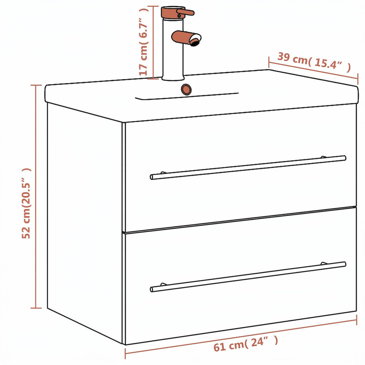 Meuble vasque 1 tiroir à poignée 60 cm — schéma des dimensions