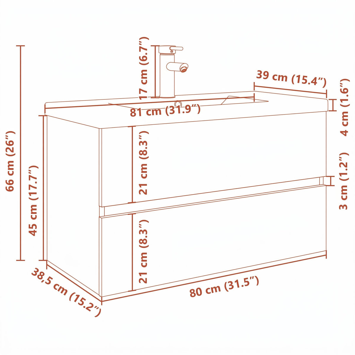 Meuble vasque 1 tiroir sans poignée 80 cm — schéma des dimensions