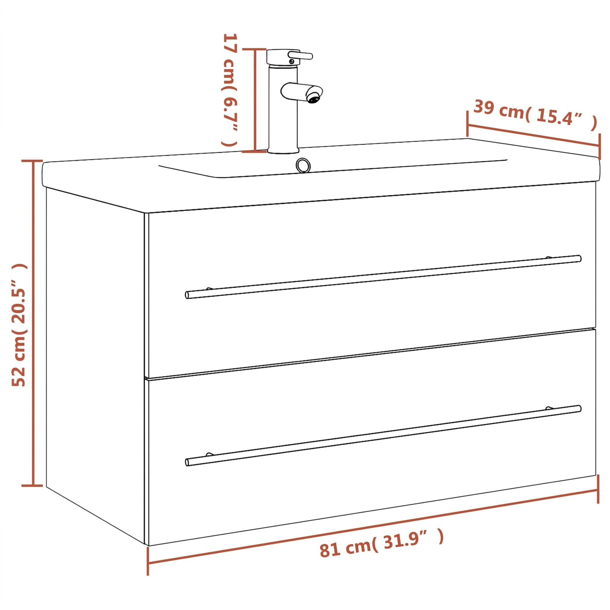 Meuble vasque 1 tiroir à poignée 80 cm — schéma des dimensions