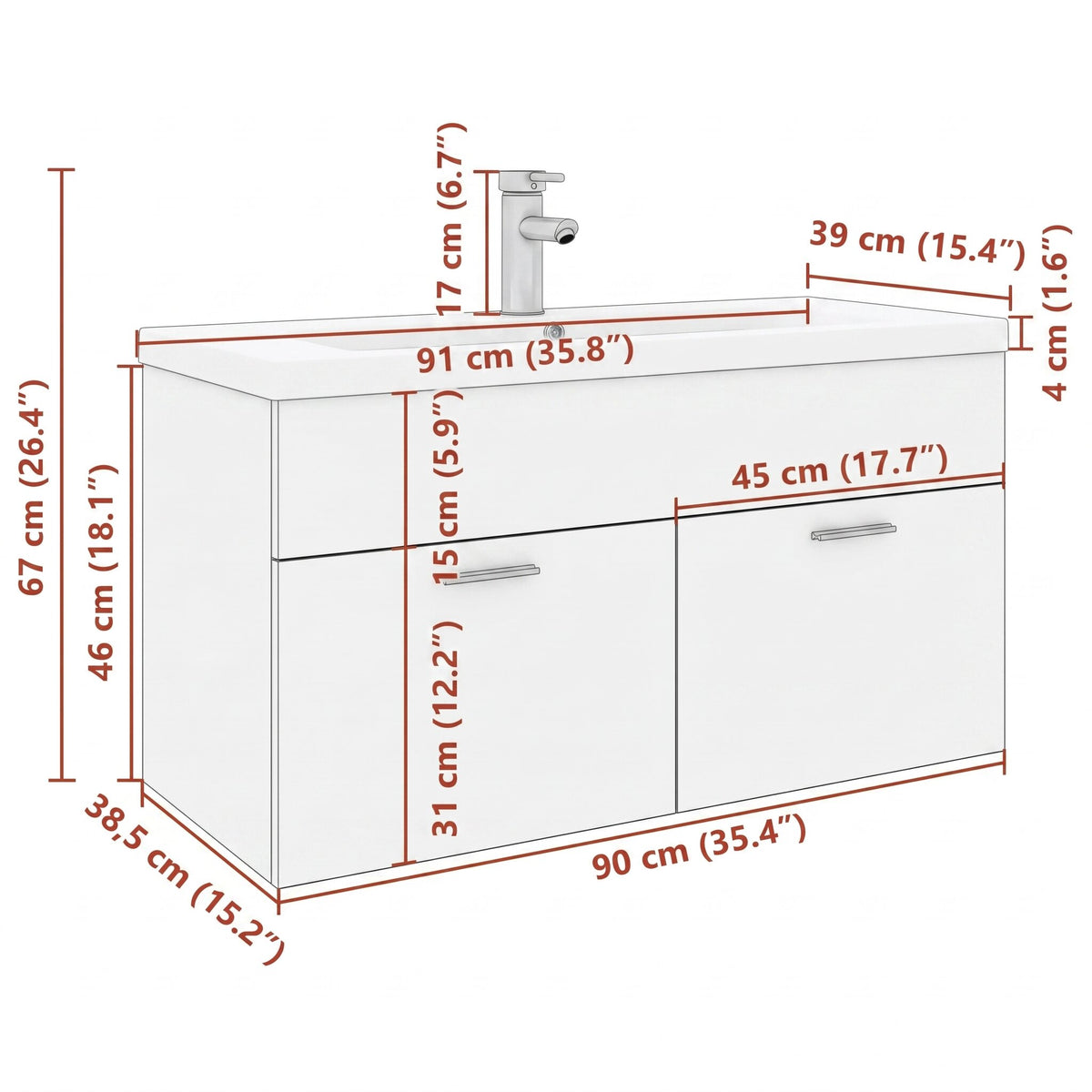 Meuble vasque 90 cm — robinet en option — schéma des dimensions