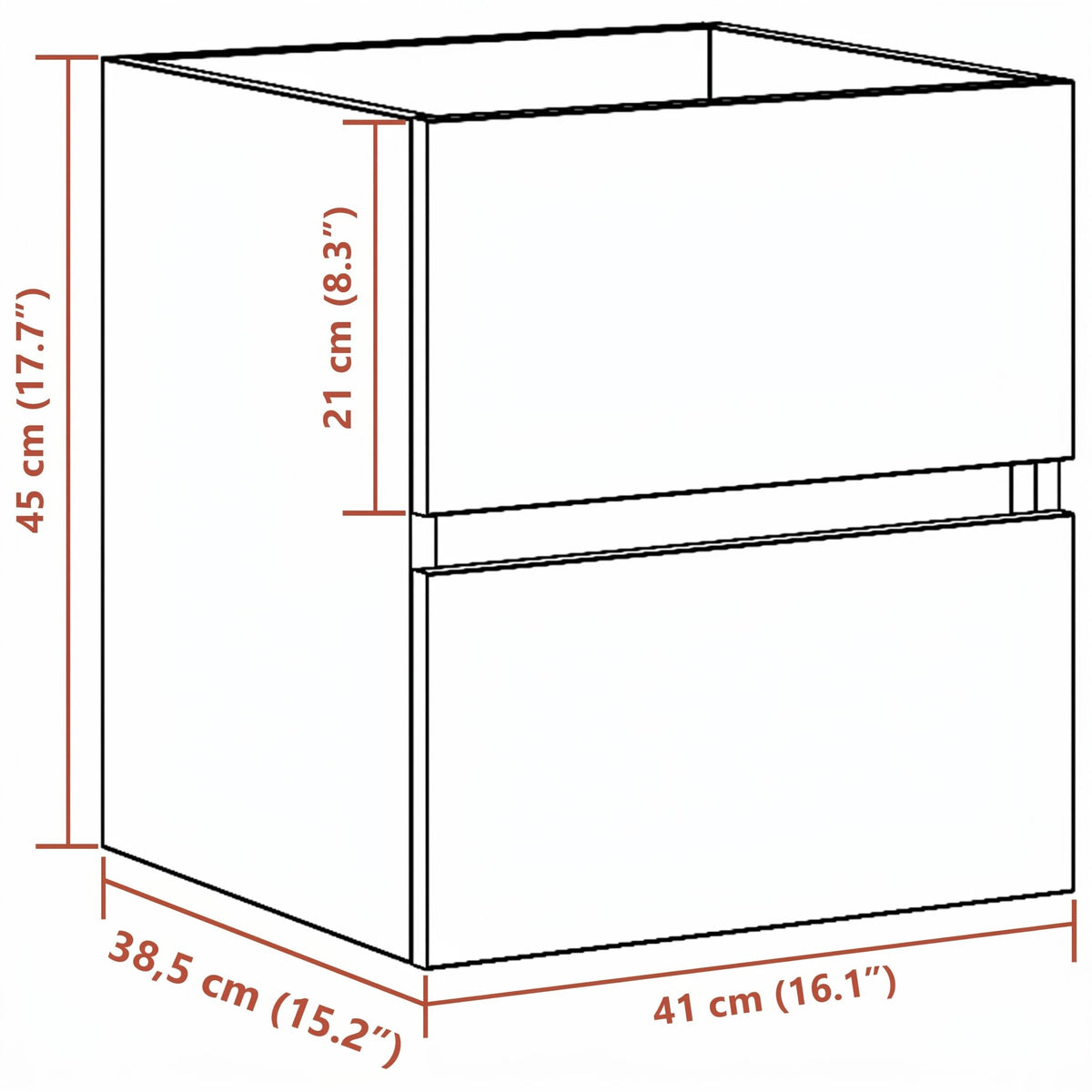 Meuble sous-vasque sans poignée 41 cm — schéma des dimensions