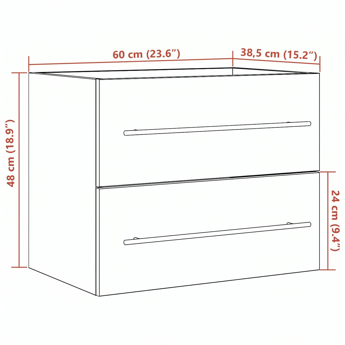 Meuble sous-vasque 1 tiroir à poignée 60 cm — schéma des dimensions