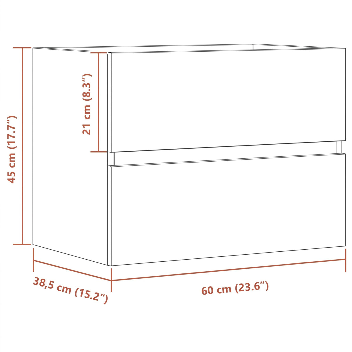 Meuble sous-vasque sans poignée 60 cm — schéma des dimensions