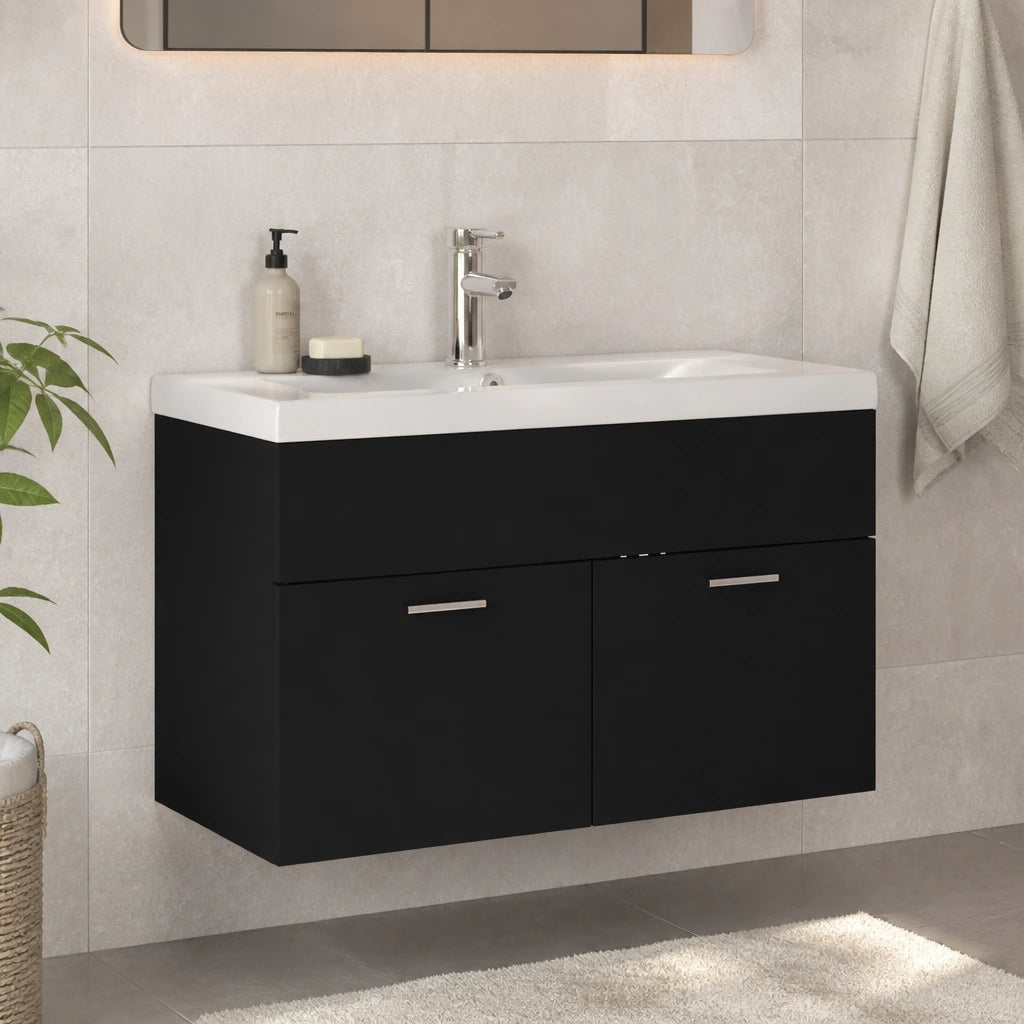 Meuble vasque + robinet 80 cm, finition Noir profond