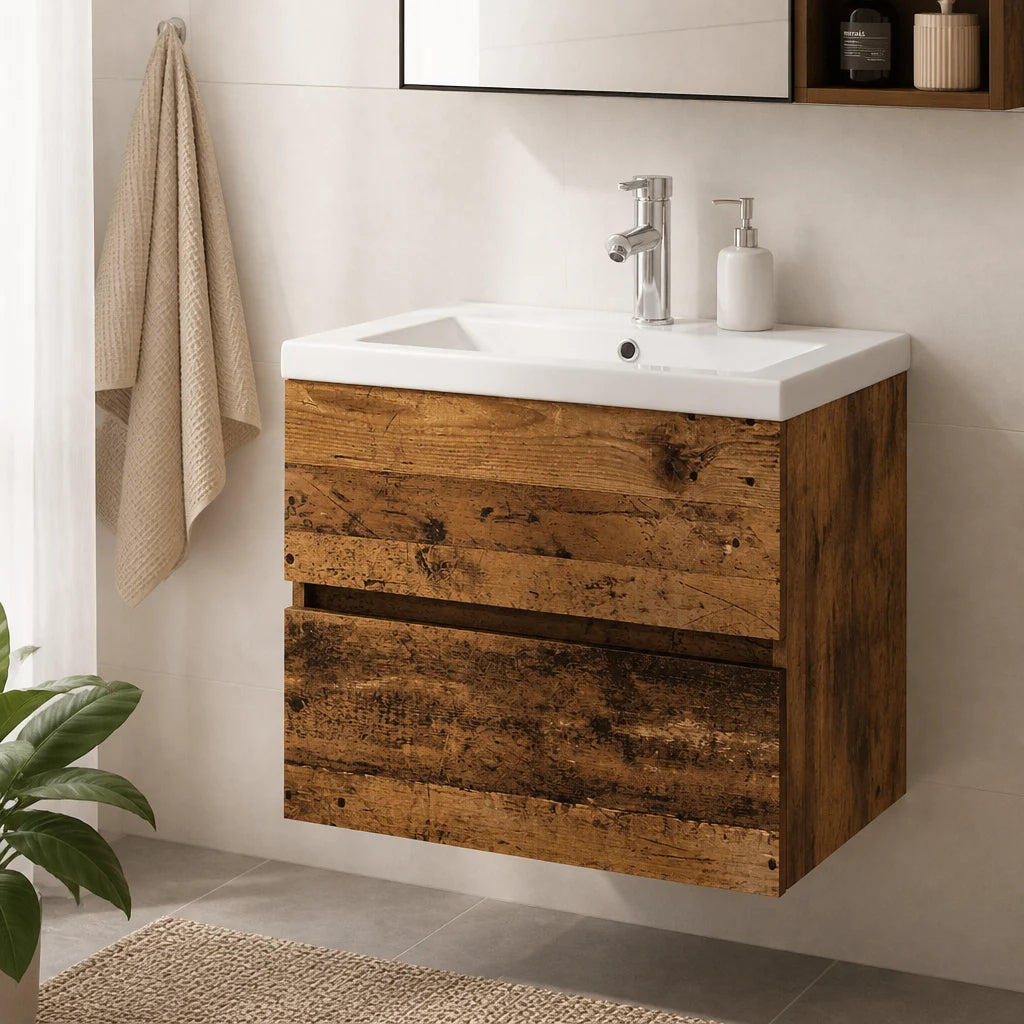 Meuble vasque 1 tiroir sans poignée 60 cm, finition Bois naturel foncé
