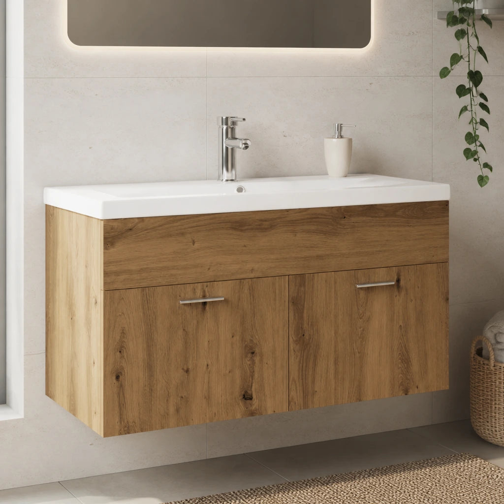 Meuble vasque 90 cm — robinet en option, finition Chêne artisanal