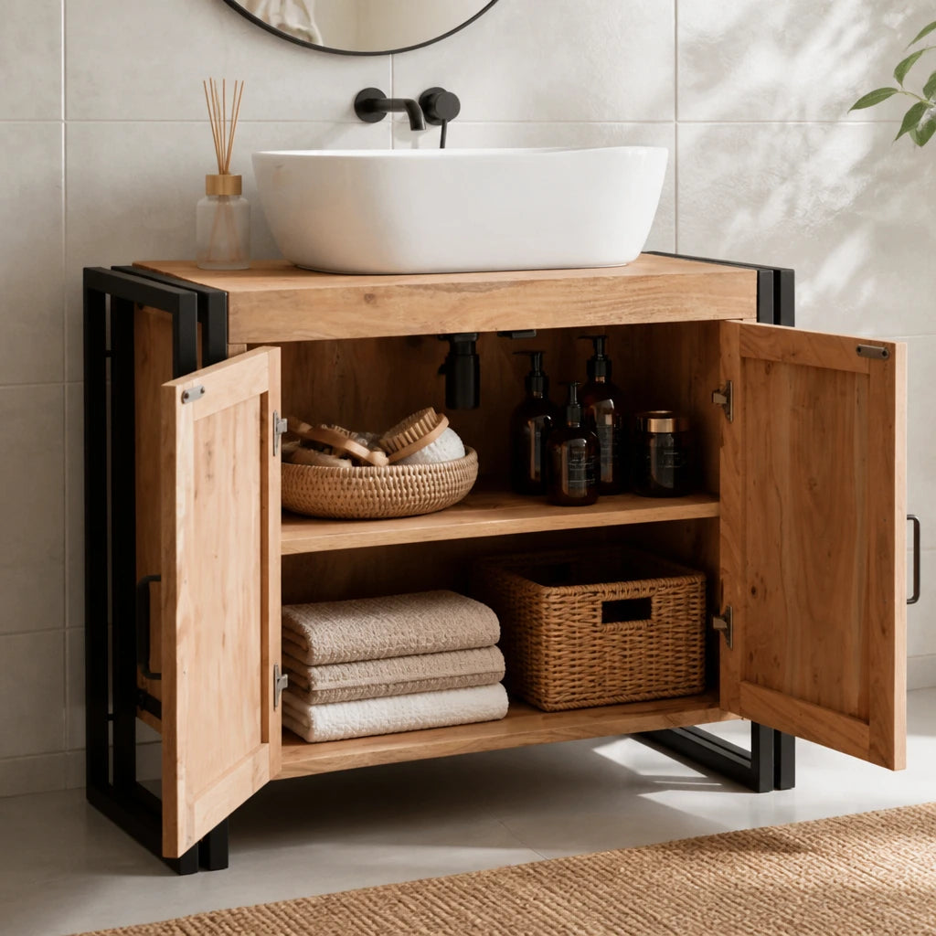 Meuble sous-vasque 71 cm finition acacia — vue de l'intérieur du rangement