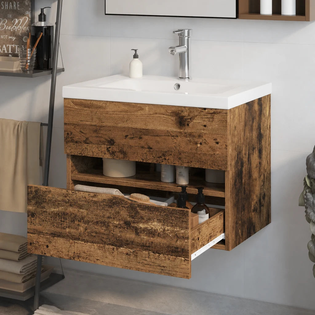 Meuble vasque 1 tiroir sans poignée 60 cm — vue de l'intérieur du rangement