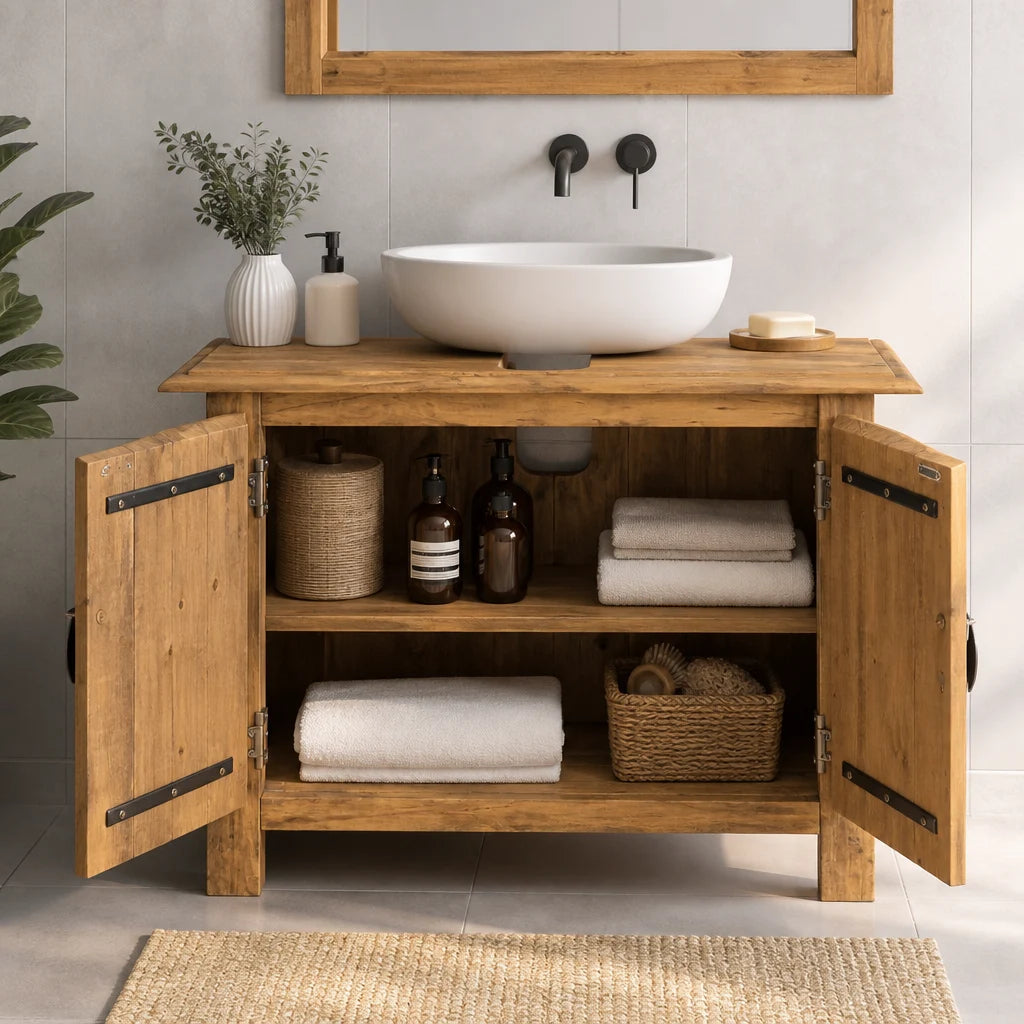 Meuble-lavabo pin massif 70 cm — vue de l'intérieur du rangement