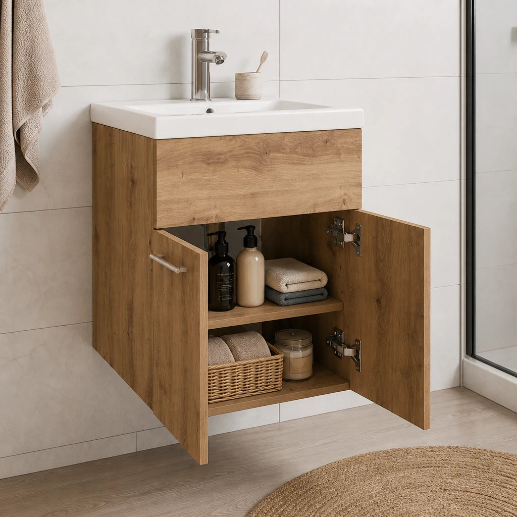 Meuble vasque 41 cm — robinet en option — vue de l'intérieur du rangement