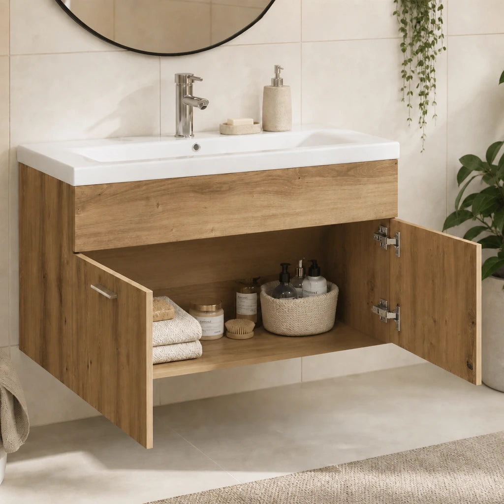 Meuble vasque 90 cm — robinet en option — vue de l'intérieur du rangement