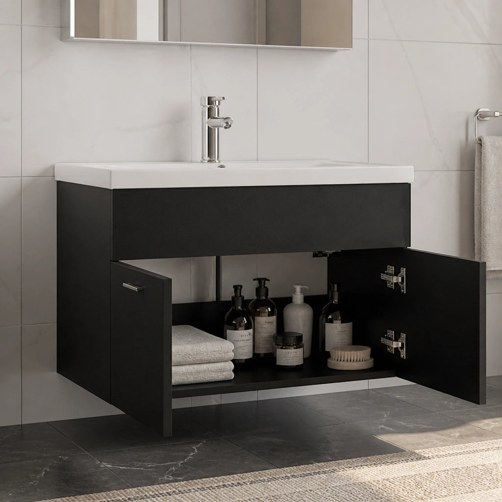 Meuble vasque + robinet 80 cm — vue de l'intérieur du rangement