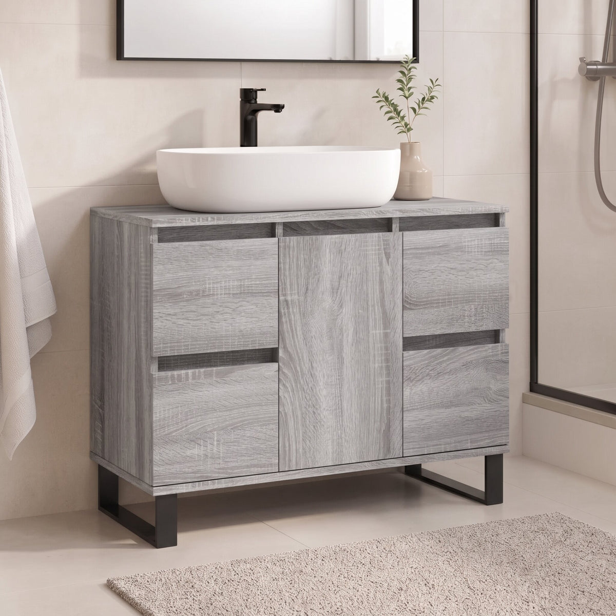 Armoire sous-vasque familiale 80 cm, finition Gris nuancé
