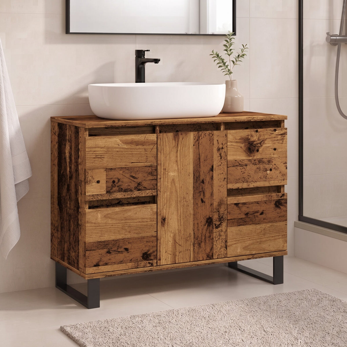 Armoire sous-vasque familiale 80 cm, finition Bois naturel foncé