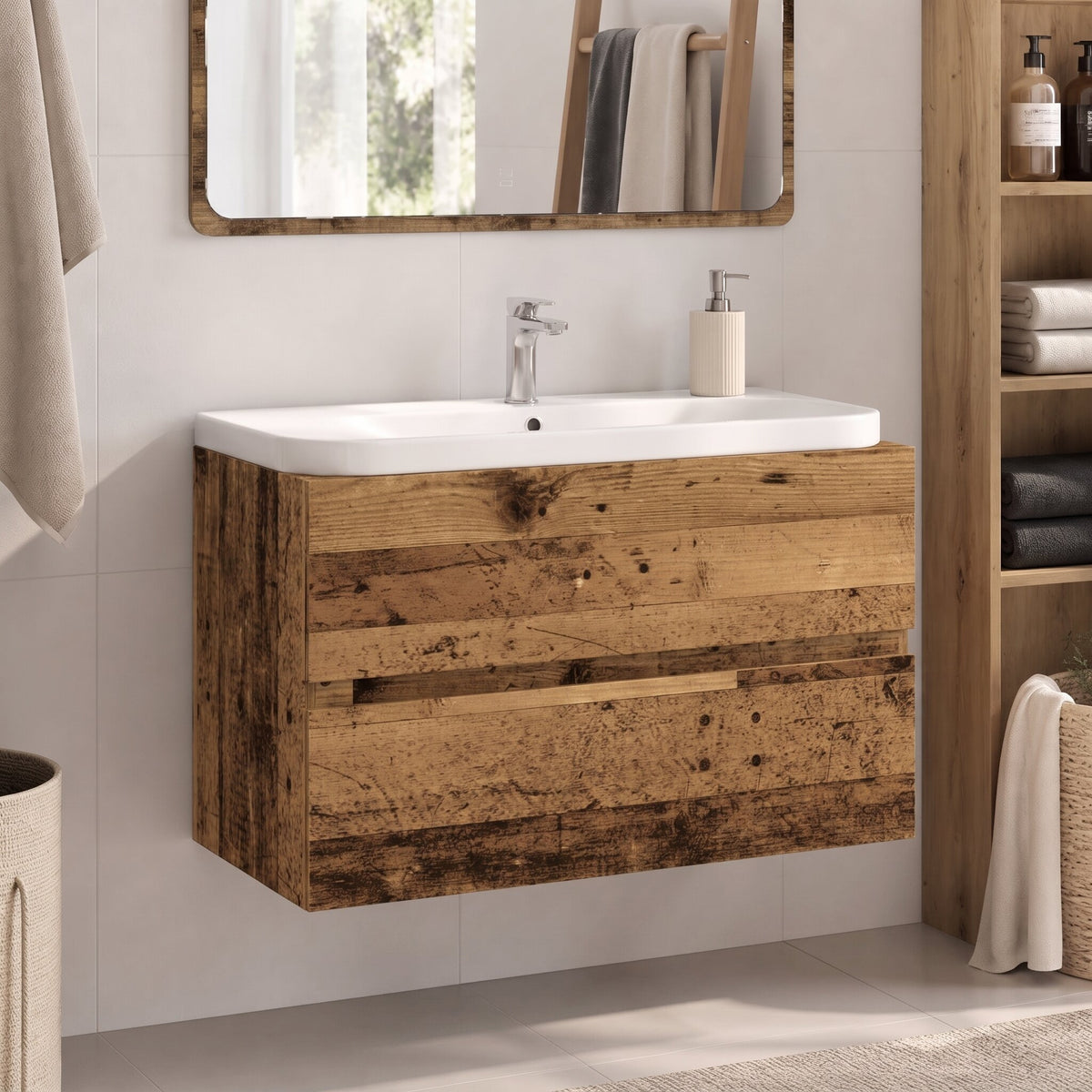 Meuble sous-vasque sans poignée 80 cm, finition Bois naturel foncé
