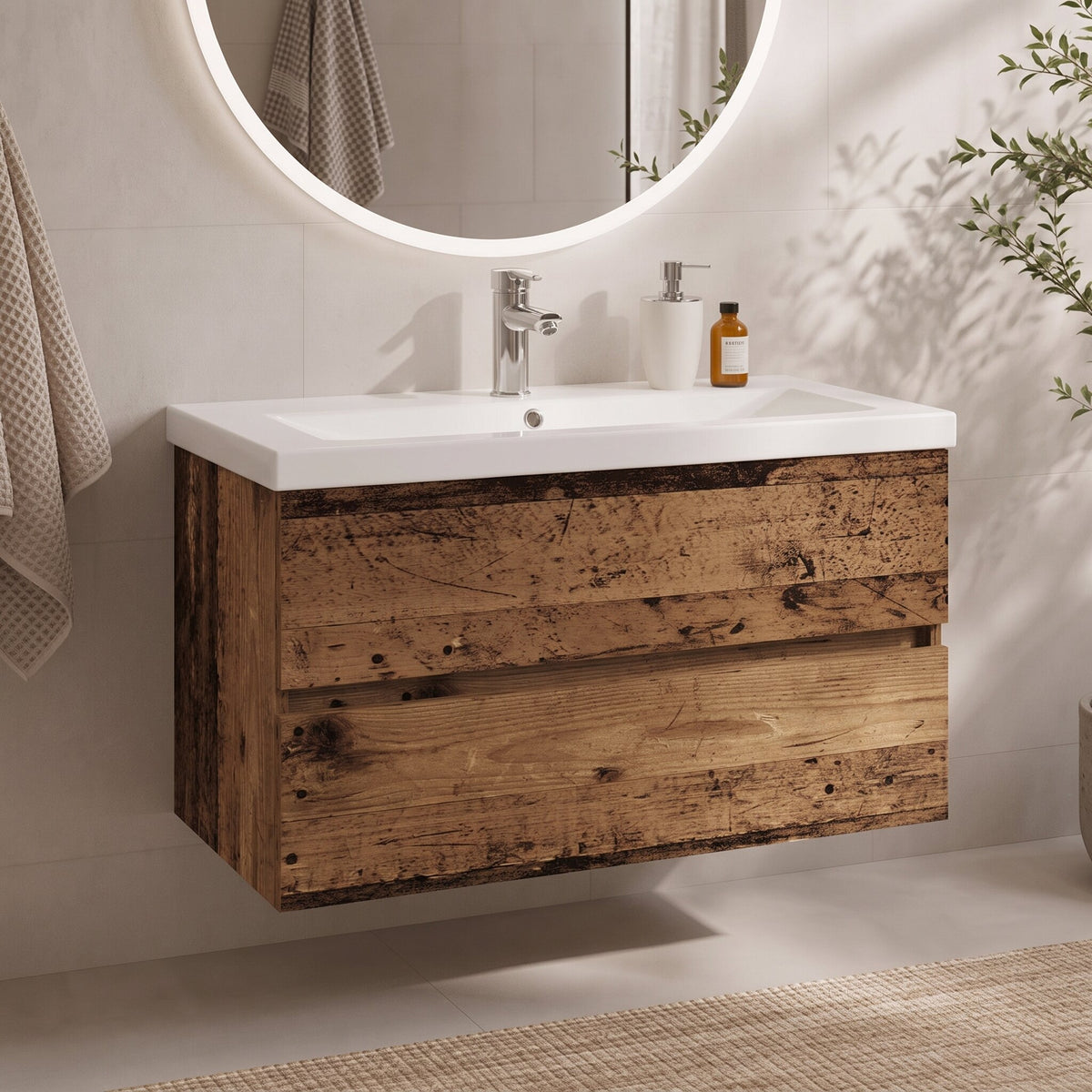 Meuble vasque 1 tiroir sans poignée 80 cm, finition Bois naturel foncé