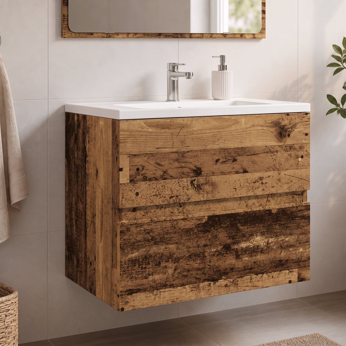 Meuble sous-vasque sans poignée 60 cm, finition Bois naturel foncé