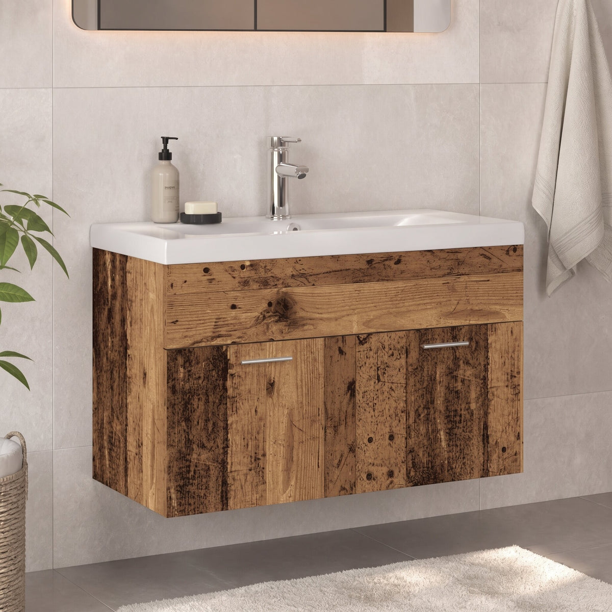 Meuble vasque + robinet 80 cm, finition Bois naturel foncé