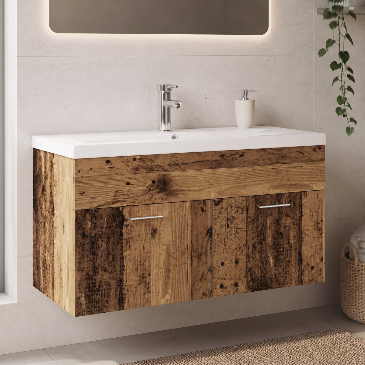 Meuble vasque 90 cm — robinet en option, finition Bois naturel foncé