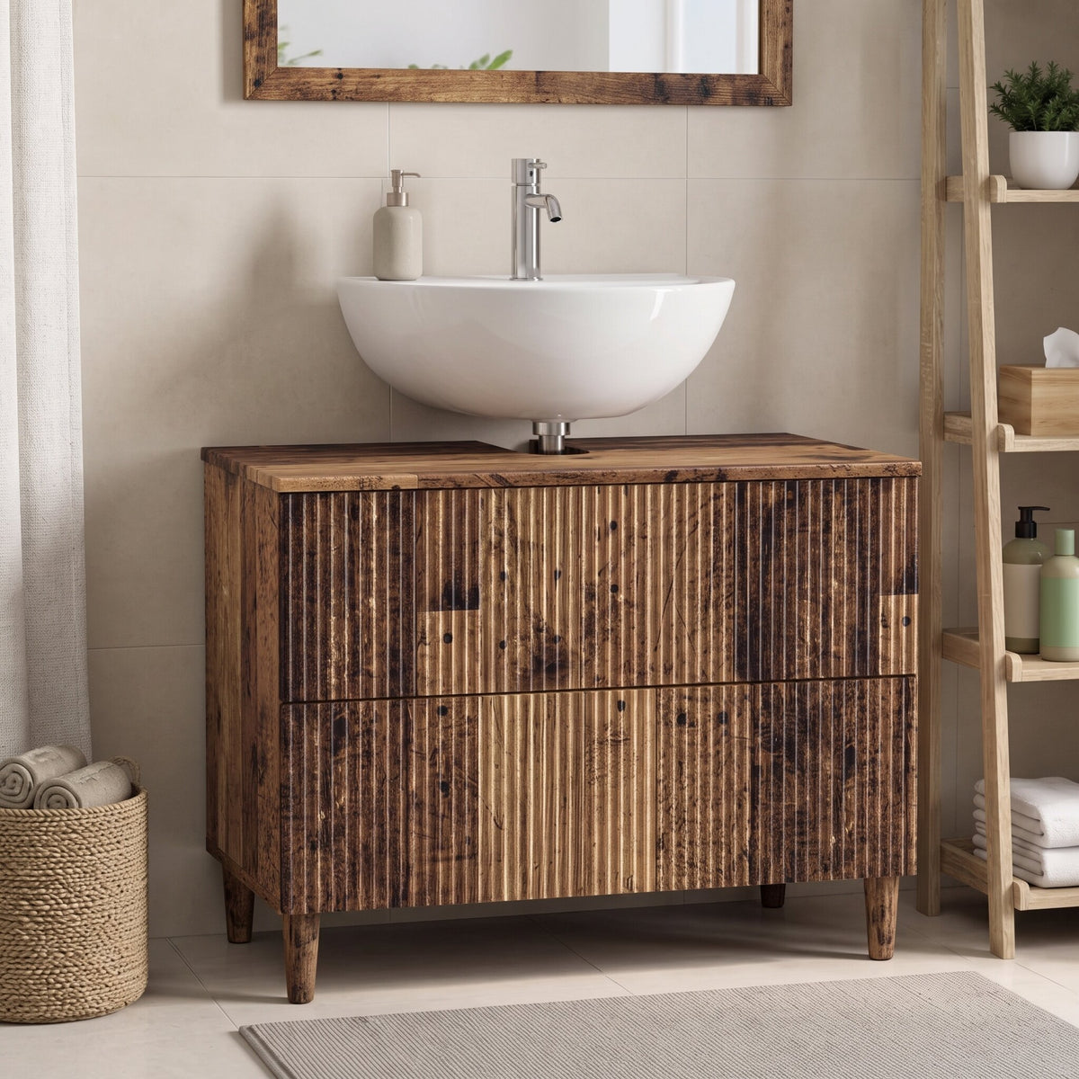 Meuble sous Lavabo de Salle de Bain ARNHEM, finition Bois patiné