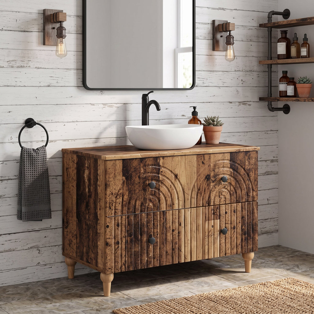 Meuble sous-lavabo Alkmaar 82 cm, finition Bois patiné