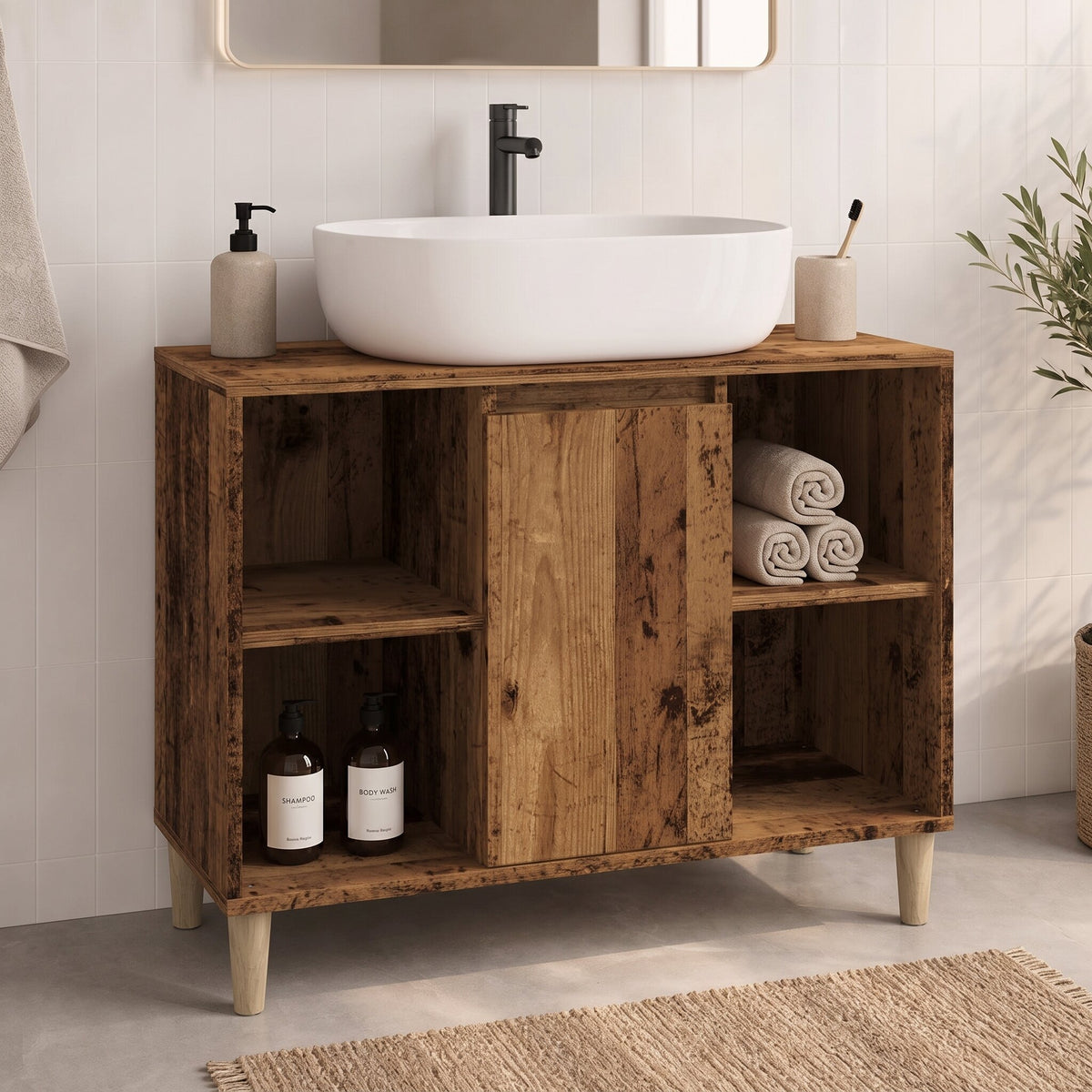 Armoire sous-vasque 80 cm, finition Bois naturel foncé